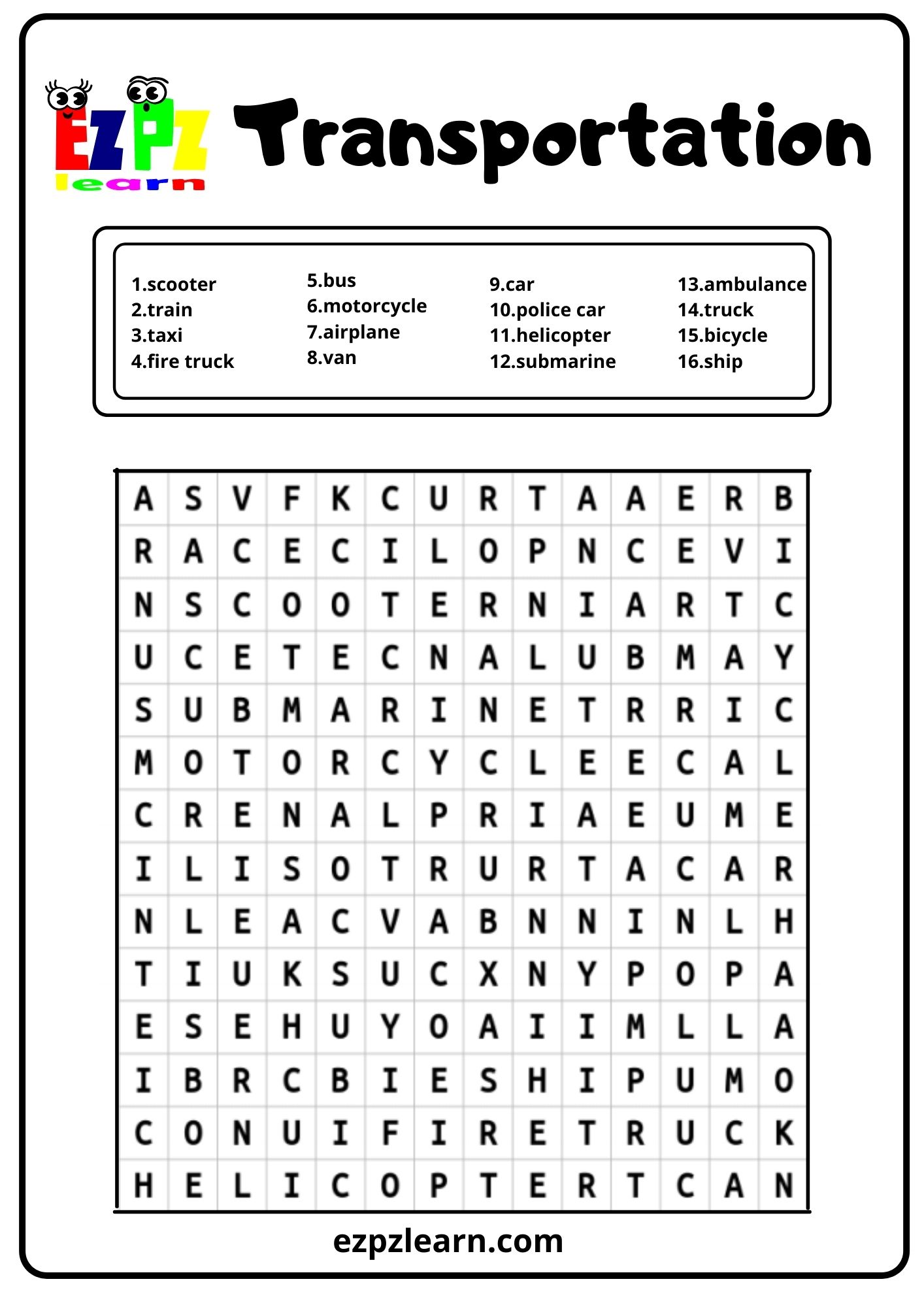 Transportation Word Search